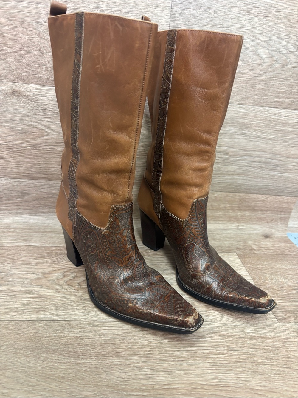 ANTONIO MELANI Brown Two-Tone Western Heeled Boots